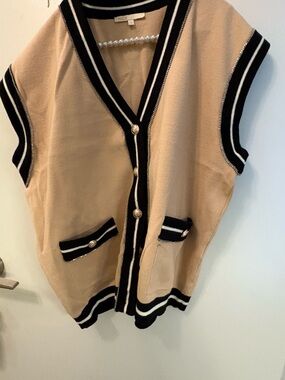 Maje Beige Knit Vest with Black Trim and Gold buttons